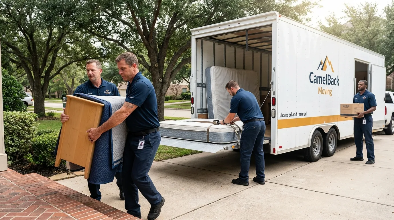 Crew loading residential truck for cross-state move from Mayflower, AR