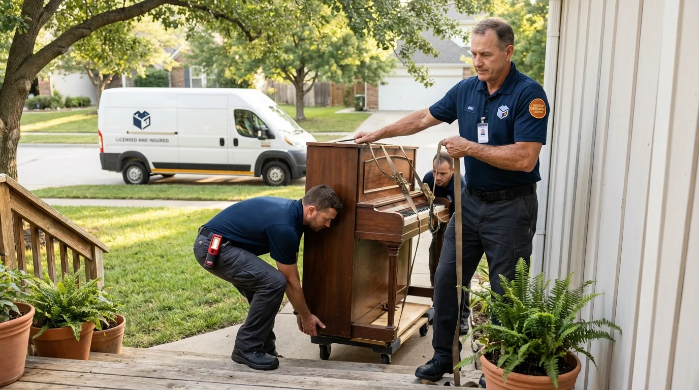 Licensed piano movers securing grand piano in Mayflower, AR