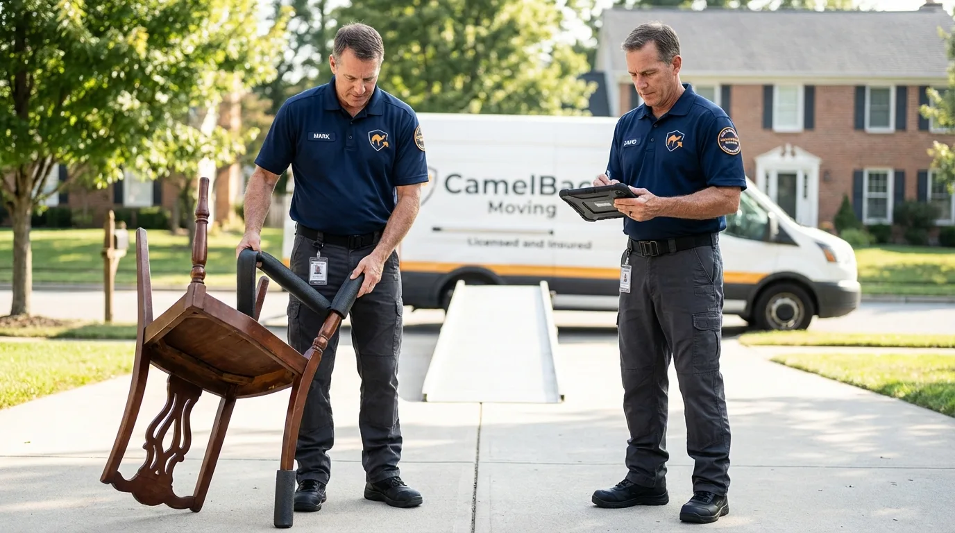 Movers inspecting furniture for damage prevention before loading in Mayflower, AR