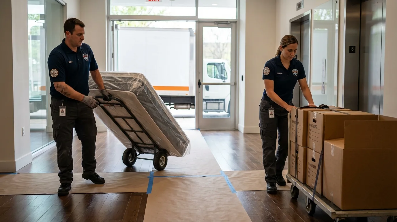 Professional apartment movers loading elevator in Mayflower, AR
